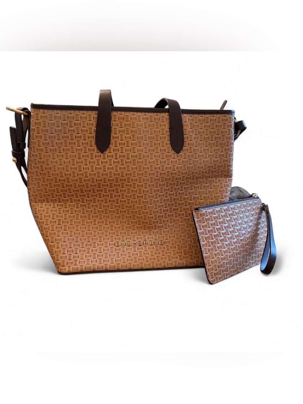 Dooney & Bourke Lillianna Woven Tan Tote with Dark Brown Trim and Wristlet